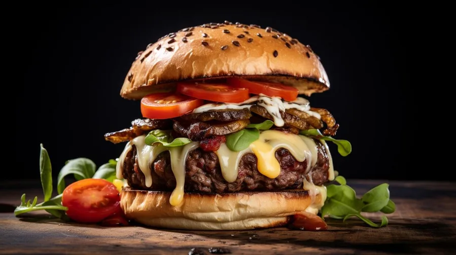Hamburguesa clásica VYQELO con tomate, cebolla y queso derretido