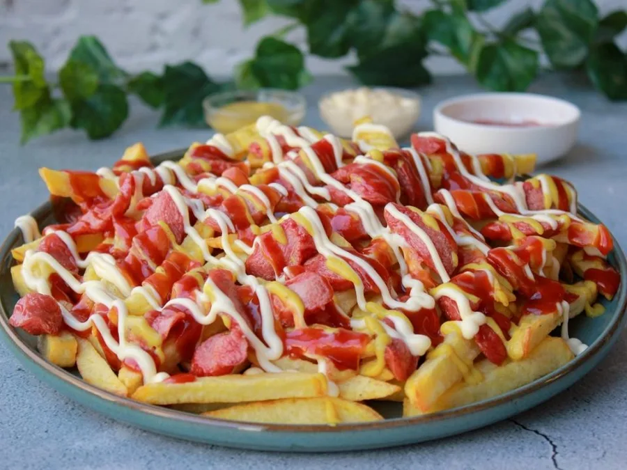 Salchipapa mega familiar con papas, salchicha y salsas